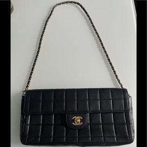 Chanel Classic Flap W/ Square Quilt  E/W Black Leather Shoulder Bag